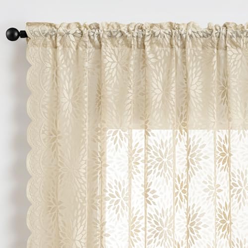Image of MIULEE Vintage Floral Scalloped Lace Curtains 2 Panels, Cream 52 inch W x 84 inch L | Victorian Decorative Design, Semi Sheer Curtains, Light Filtering Rod Pocket Panels Decor for Bedroom Living Room