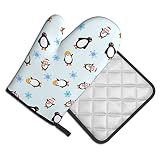 Penguin Snowflake Oven Mitts and Pot Holders Sets Non-Slip Heat Resistant Kitchen Gloves Hot Pads wi