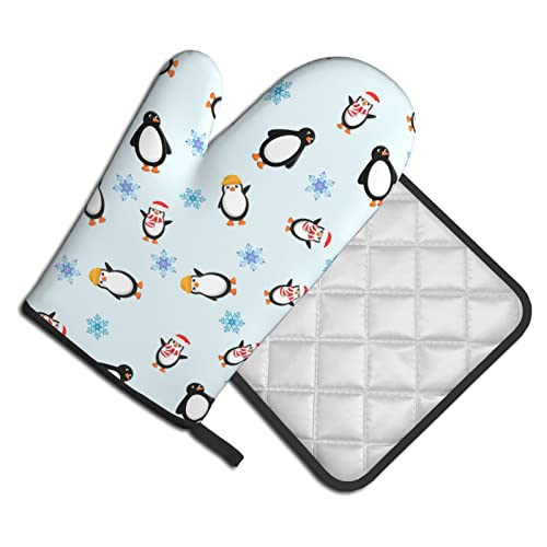 Penguin Snowflake Oven Mitts And Pot Holders Sets Non-Slip Heat Resistant Kitchen Gloves Hot Pads With Inner Cotton Layer For Cooking Baking Bbq Grilling #TOP9