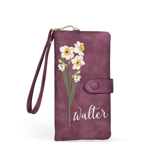 Personalized Wallet for Women Custom Birth Flower & Name Wristlet Women Wallets Leather Purse for Women Card Holder Wallet Gifts for Women Mom (Purple)