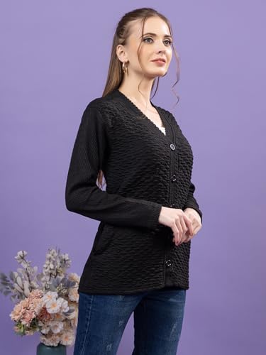 Image of Women's Winter Woolen Cardigan | Full Sleeve Textured Buttoned Sweater for Women | Soft Wool V-Neck Warm Knitted Outerwear for Office & Casual Wear