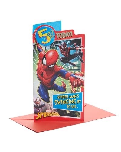 UK Greetings Marvel 5th Birthday Card For Him/Boy With Envelope - Badge Design With Spider-Man