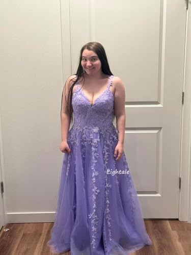 Eightale Tulle Lace Appliques Sparkly Prom Dresses A Line with Slit V Neck Formal Party Dress - Image 7