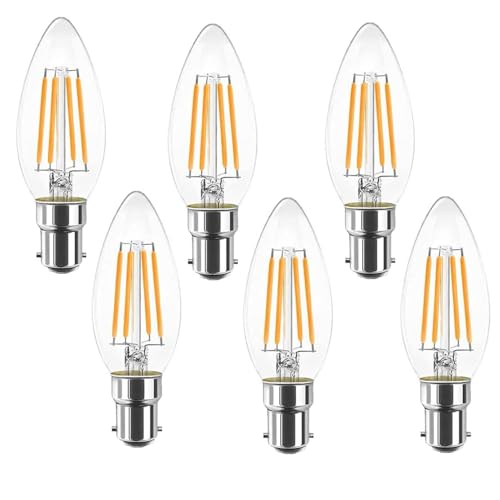 Jiotouhu Lot de 6 ampoules LED B15 Baïonnette à filaments vintage bougie C35, sans scintillement à vis Edison – 4W (équivalent 40W) 400 lm blanc chaud 3000K, non variable.