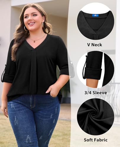 Plus Size Tops for Women V Neck Blouse Pleated Front Loose Fitting Tunic Top Dressy Casual Fall Clothes 2025