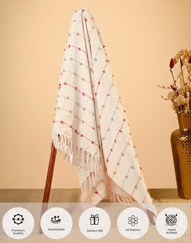 Image of SAJAVAT HOME Hand Knitted Cotton Sofa Throw Blanket for Sofa, Bed, Couch & Chair | Soft All-Season Throw | 80 x 52 Inches (204 x 132 cm) | Beige Multi with Tassels