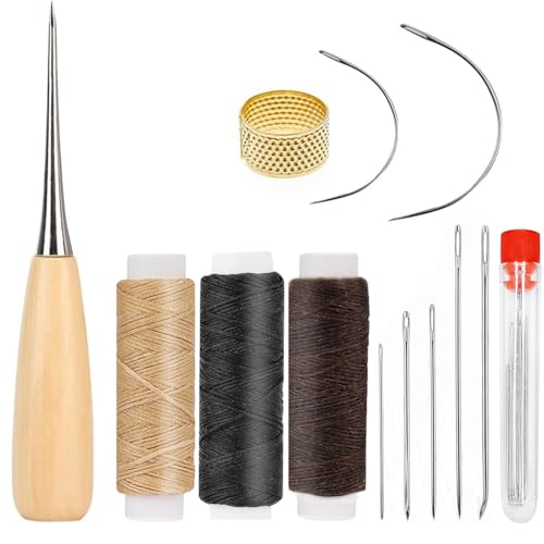 Set di aghi in pelle, 3 rotoli di filo di cera, filo per pelle, antistrappo, aghi da cucito, ditale, riparazione per tappezzeria, tappeti, divani, sedili a vela e riparazioni di scarpe (3 filo cerato)