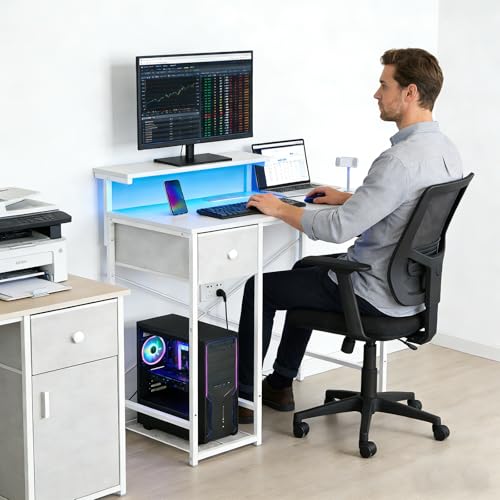 Image of X-cosrack 33.5 inch Small Computer Desk with Monitor Stand & Outlets, Small Gaming Desk with LED Light & CPU Stand, Teen Study Writing Table with Storage Drawer, Side Hooks for Bedroom, Home Office White