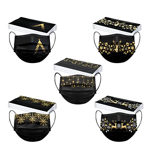 FUZHUANGDIAN 50/100 Pièces Noël Adulte_Masque_Visage_Chirurgical,Anti-poussière Respirable Multicolore pour Visage - Activités Extérieures,Earloop_Masque_Bandana Or Noir Convient Femme (ZF, 50 PC) Cover