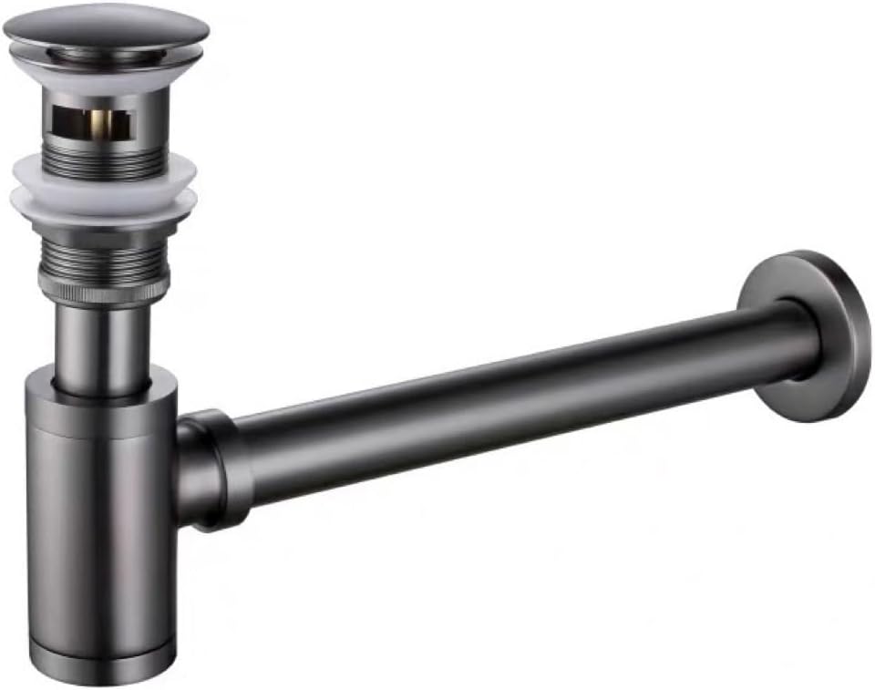 Grey Brass Bathroom Vanity Drain Set - Round Siphon P-Trap with Pop Up Drainer, Odor-Blocking Basin Waste Pipe(B)