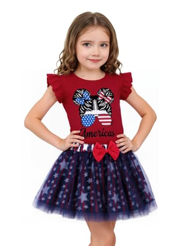 RETSUGO Baby Girls 4th of July Outfit Tulle Tutu Skirts Set Toddler Kids American Flag Heart Print Dress 2-8 Years Old