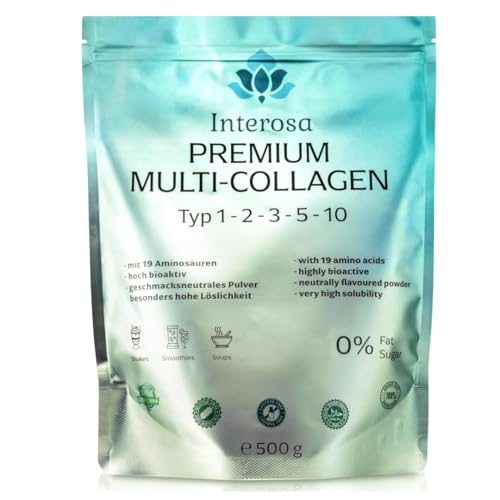 INTEROSA colágeno en polvo 500 g - péptidos de colágeno tipo 1 2 3 5 10 - complejo de colágeno premium insípido - proteína hidrolizada súper soluble