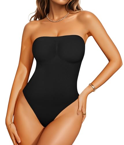 Image of Nebility Strapless Shapewear Bodysuit for Women Thong Body Shaper Tummy Control Seamless Tank Top Leotard（Black, Small