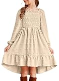 blibean Girls Winter Long Sleeve Dress Tween Girl Casual Dresses Big Kids Wedding Guest Swiss Dot Outfit Teen Boho School Smocked Clothes Maxi Pockets Vestidos Niñas Size 12-13 Years Old Cream