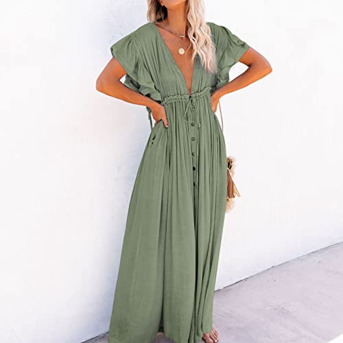 Saída de praia longa feminina solta casual gola V cordão cintura cor pura festa, Verde-claro, Tamanh