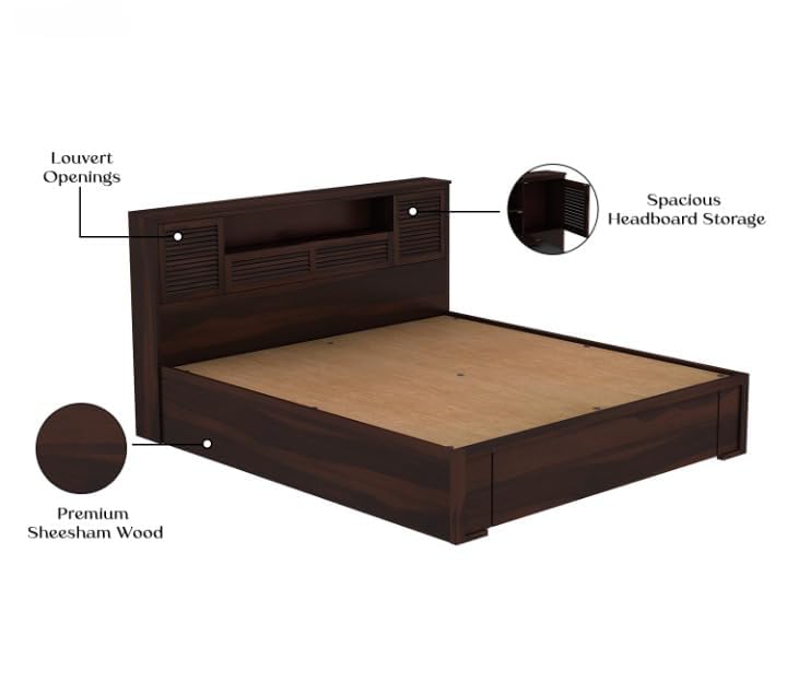 Image of Solid Wood Bed with Storage | Modern Wooden Bed with Slatted Headboard | Strong & Durable Bed Frame for Bedroom Home & Hotel (Walnut Finish, King)