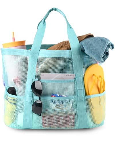 Genteen 40L Mesh Beach Bag, Foldable Sandproof Tote with Waterproof Pocket Quick Dry for Women Family Pool Vacation（Mint Green
