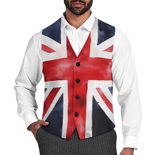 Union Jack British UK Flag Watercolor Suit Vest for Men Waistcoat Dressy V Neck Button Down Sleeveless Business Jacket Coat