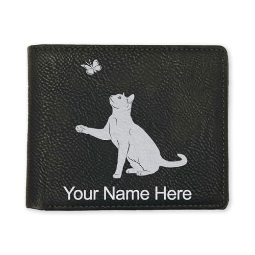 LaserGram Faux Leather Bi-Fold Wallet, Cat with Butterfly, Personalized Engraving Included (Black with Silver)