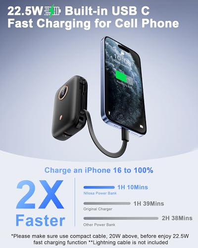 Power Bank Fast Charging, Small 22.5W 10000mAh USBC Portable Charger with Built-in USB-C Cable, Mini Battery Pack Essentials, 2 USB C and 1 A, for iPhone 17/16/15 Series, Samsung, Google,Android