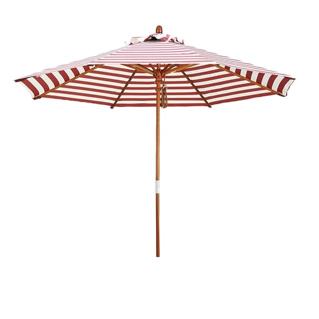 Outdoor Patio Striped Umbrella 9ft Wooden Beach Umbrella UV Protection Garden Parasol Market Table Sun Umbrella for Backyard
