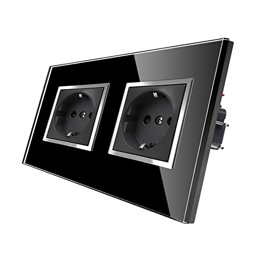 CNBINGO Prise murale en verre Schuko double prise murale avec cadre en verre - Double prise encastrée en noir - Avec matériel de montage - Cadre intérieur carré Cover
