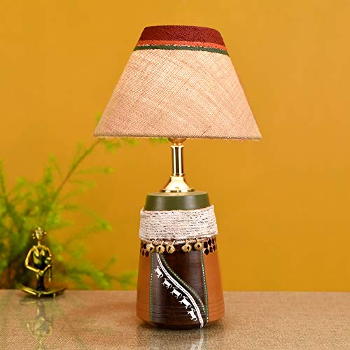 Image of AAKRITI ART CREATIONS Terracotta Table Lamp for Study Room, Bedroom & Living Room Decoration | Kalamkari Handwoven Tribal Pattern Bedside Lamp with Jute Woven Fabric Shade | Aesthetic Night Lamp