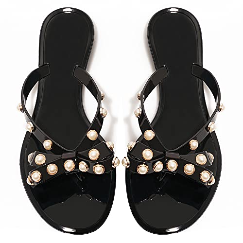 Image of TYFLOVE Women Rivet Flip Flops Studded Jelly Thong Sandals with Bow Summer Bowtie Flat Beach Rain Shoes