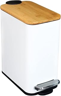 SIDIANBAN Bathroom Trash Can with Bamboo Lid Soft Close and Foot Pedal, Small Rectangular Slim Garbage Can with Inner Wastebasket for Bedroom, Office, Kitchen, 1.3Gal/5L, White