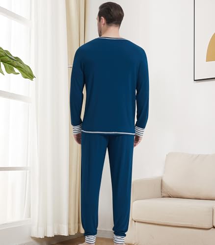 Image of NACHILA Mens Pajamas Set Long Sleeve Henley Sleepwear Top Soft Jogger Pants Pajamas Cool Pjs Set,Viscose Made from Bamboo