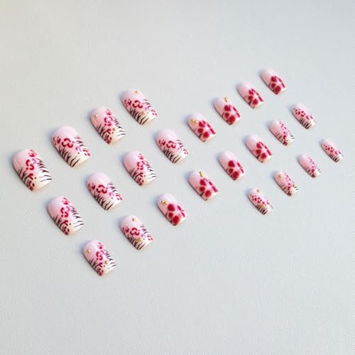 24Pcs Medium Square Press on Nails Leopard French Tip Fake Nails with Red Flower Design Gold Glitter Gems False Nails Nude Full Cover Artificial Glue on Nails Grace Stick on Nails for Women Manicure - Thumbnail 4
