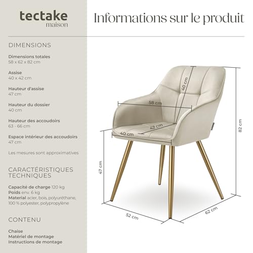 Chaise de salle à manger en velours rembourré capitonné crèmeor - vue 4