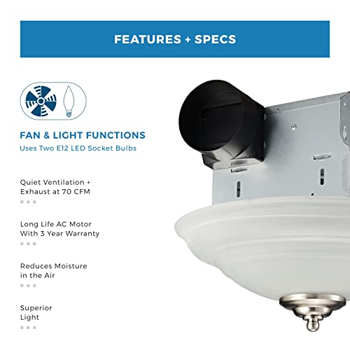 Lift Bridge Kitchen & Bath Decorative Round 70 Cfm Bathroom Ceiling Ventilation & Exhaust Fan With Light And Glass Globe, Quiet 2.0 Sones Bath Fan #TOP4