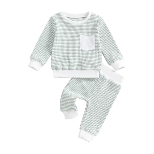 Gueuusu Fall Winter Toddler Baby Boy Outfit Waffle Knit Long Sleeve Sweatshirt Pullover Tops and Pants Set
