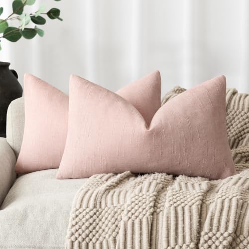 Image of Foindtower Pack of 2 Soft Textured Chenille Throw Decorative Pillow Covers Lumbar Accent Solid Cushion Cover Cozy Neutral Farmhouse Pillow Case for Couch Sofa Bedroom Living Room 12x24 Inch,Light Pink