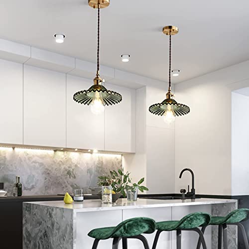 Debbte Industrial Vintage Glass Pendant Lighting Retro Mini 8.7" Glass Pendant Lamp Shade Brass Finish Loft Bar Ceiling Hanging Light (Green) #TOP3