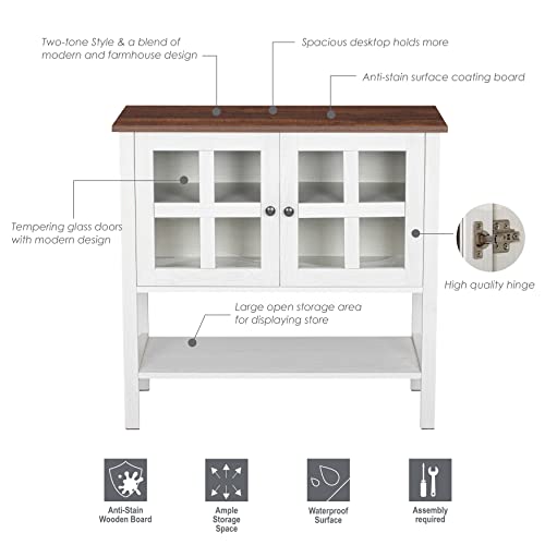 Spirich Home Sideboard Buffet Cabinet, Kitchen Storage Cabinet With 2 Glass Doors And Adjustable Shelf, Wood Cupboard Console Table For Dining Room White #TOP5