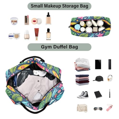 Shark Fish Starfish Palm Leaf Travel Duffle Bag Gym Bag Weekender Bags with Toiletry Bag Travel Trip Tote Bag4