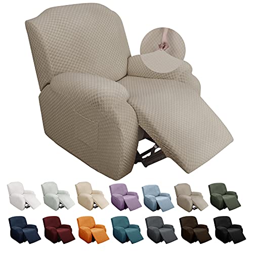 Image of YEMYHOM 4 Pieces Stretch Recliner Slipcover Jacquard Recliner Chair Cover with Side Pocket Anti-Slip Fitted Recliner Cover Couch Furniture Protector with Elastic Bottom (Recliner, Khaki)