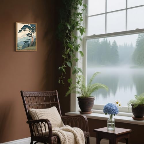 Image of Vintage Japanese Forest Framed Canvas Wall Art - Tranquil Mountain Landscape Painting Print, Retro Nature Tree Scene Decor for Living Room Bedroom Nursery Office Home 12x16 inch