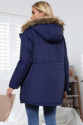 Kate Kasin Women Winter Blue Fur Coat Down Jacket Hooded Warm Thicken Fleece Lined Parka Coats Navy Blue 3Xl #TOP3