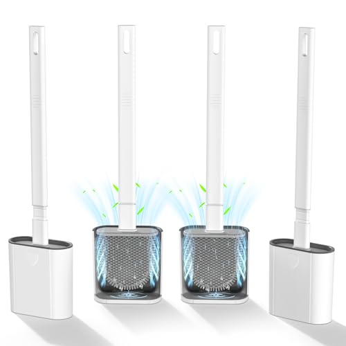 Toilet Brushes, 4 Pack Bathroom Silicone Toilet Brush with Holder Sets with No-Slip Long Plastic Handle and Soft Flexible Bristles, Toilet Brushes and holders and Base for Anti-drip (White) option