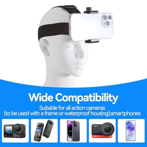Image of Head Strap Mount with Phone Holder for GoPro Hero 13 /12 /11 /10 /9 /8, DJI Osmo Action 5 /4 /3, Insta360 X5 /X4 /X3, Universal Smartphone Head Mount for POV Recording, Vlogging & Cycling
