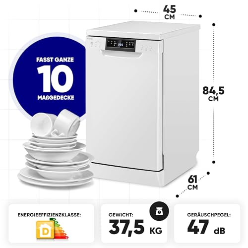 Bomann Geschirrspüler, 10 Maßgedecke, Spülmaschine Stand o. Unterbau, 7 Programme & 2 Sprühebenen, Dishwasher mit Startvorwahl - GSP 7418 weiß