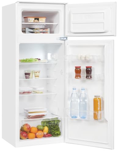 Exquisit® Frigorífico Combi Integrable 205L, Blanco, Clase E, Congelador 4 Estrellas, Puerta Reversible, Estantes de Cristal, Iluminación LED, Medidas (145,1 x 54,0 x 54,0 cm)
