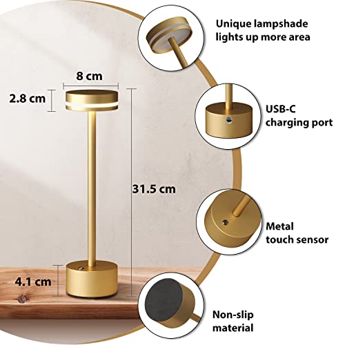 FUNTAPHANTA Pack of 2 Rechargeable Wireless Battery Table Lamp with Touch Switch, Full Aluminium Lamp Body, 3-Level Dimming, 4000 mAh Battery, 3000 K Warm Light, for Dining Table, Living Room (Gold)