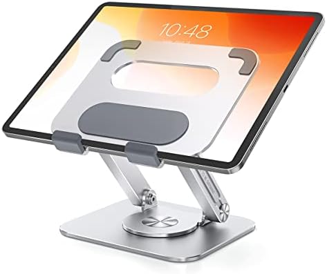 AOEVI Tablet Stand with 360 Rotating Base, Adjustable Tablet Holder for Desk, Foldable iPad Stand Compatible with Tablet Such as iPad Pro 12.9, 10.5, 9.7 Air Mini 4 3 2, Silver