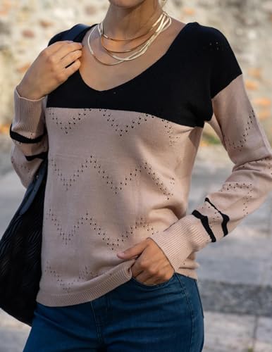 Zeagoo Womens Sweaters Fall Trendy Casual Long Sleeve Shirt Lightweight V Neck Off Shoulder Crochet Pullover Top Outfit3