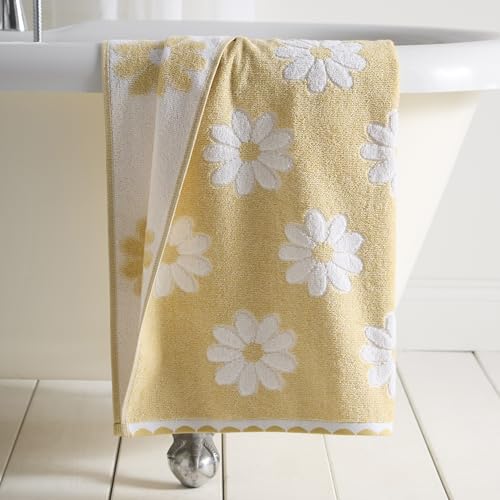 Image of Dreams & Drapes Daisy Floral Bath Towel Ochre – Soft Absorbent Cotton Bathroom Towel with Floral Print, Quick-Dry, Large Durable Everyday Use Bath Towel for Modern Home Bathrooms – Ochre