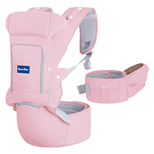 BabyPro Ergonomic Baby Carrier with Hip Seat , 6 in 1 All Season Baby Sling for Newborns Infants Toddlers, Hands Free Baby Wrap Front and Backpack for Traveling, Hiking and Breastfeeding (Pink)